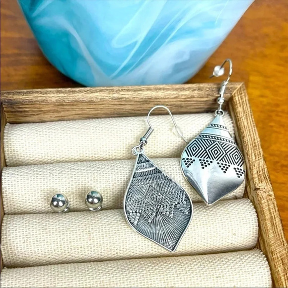 Boho Aztec Silver Earrings Set | Tribal Statement Dangle + Studs - Picture 4 of 4